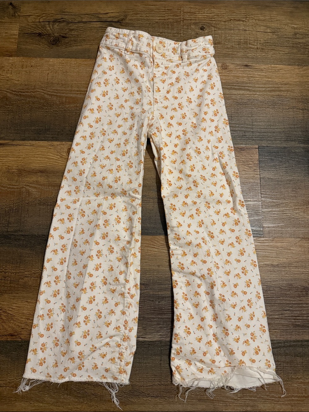 Zara Cream Wide-Leg Jeans with Orange Floral Print